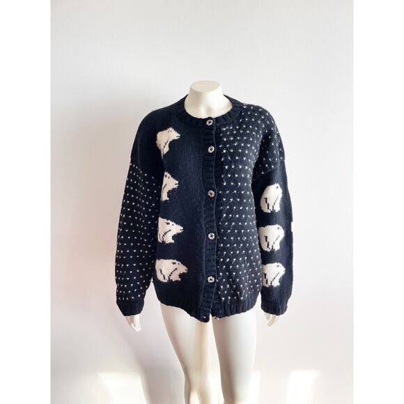 Nomadic Traders Black White Bear Wool Button Down Sweater Made in Peru Medium - Picture 6 of 9